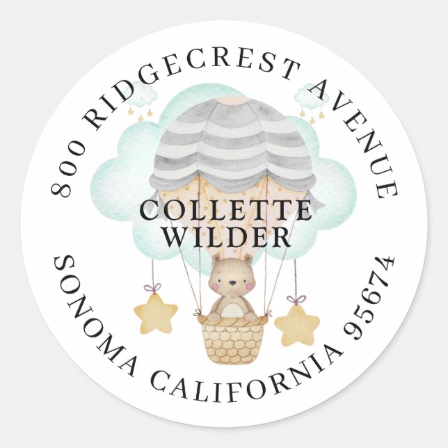 Sticker Rond Balloon à air chaud Baby Bear Douche Adresse de re (Devant)