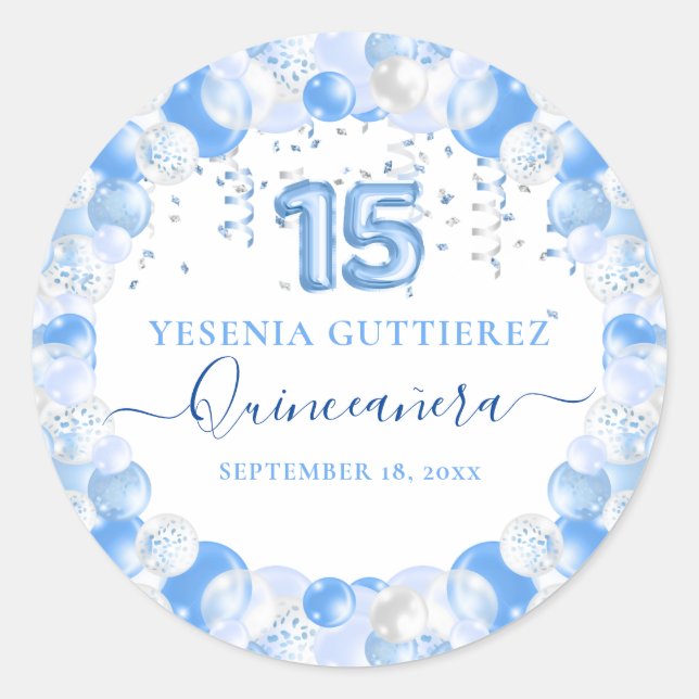 Sticker Rond Balloon bleu étincelant Quinceañera (Devant)