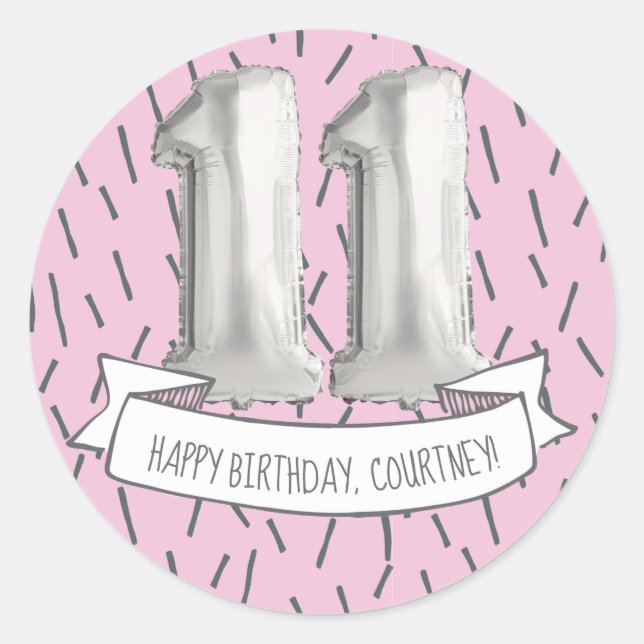 Sticker Rond Balloon rose et gris Filles 11e anniversaire (Devant)