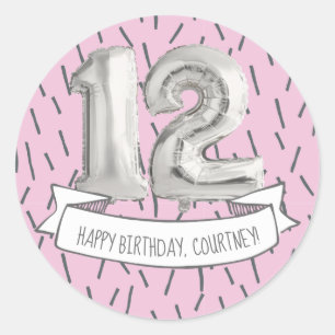 Sticker Rond Balloon rose et gris Filles 12ème anniversaire