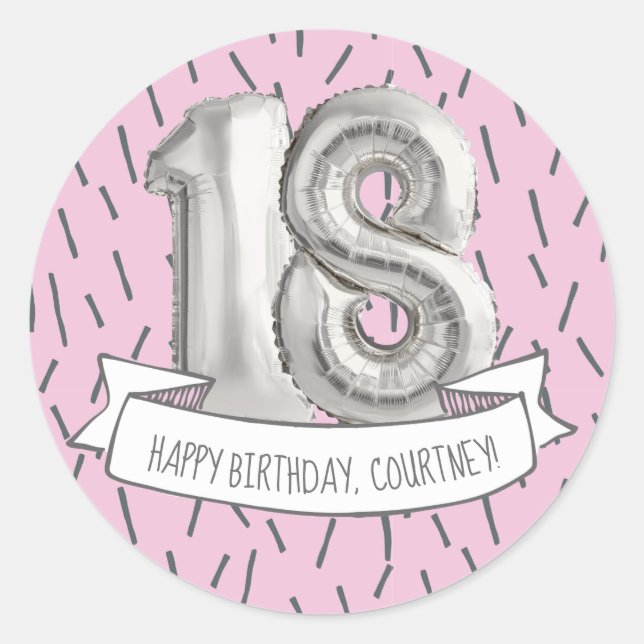 Sticker Rond Balloon rose et gris Filles 18e anniversaire (Devant)