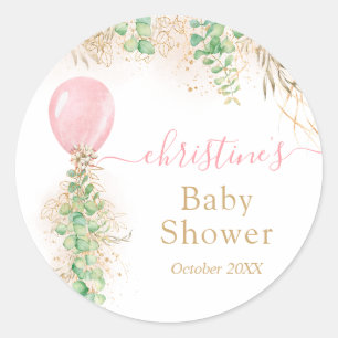 Sticker Rond Balloon rose Fille Aquarelle Baby shower Floral