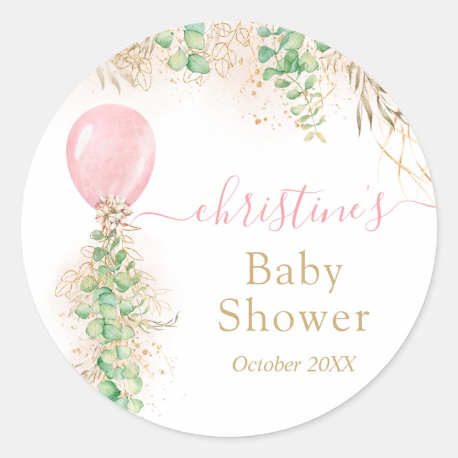 Sticker Rond Balloon rose Fille Aquarelle Baby shower Floral (Devant)