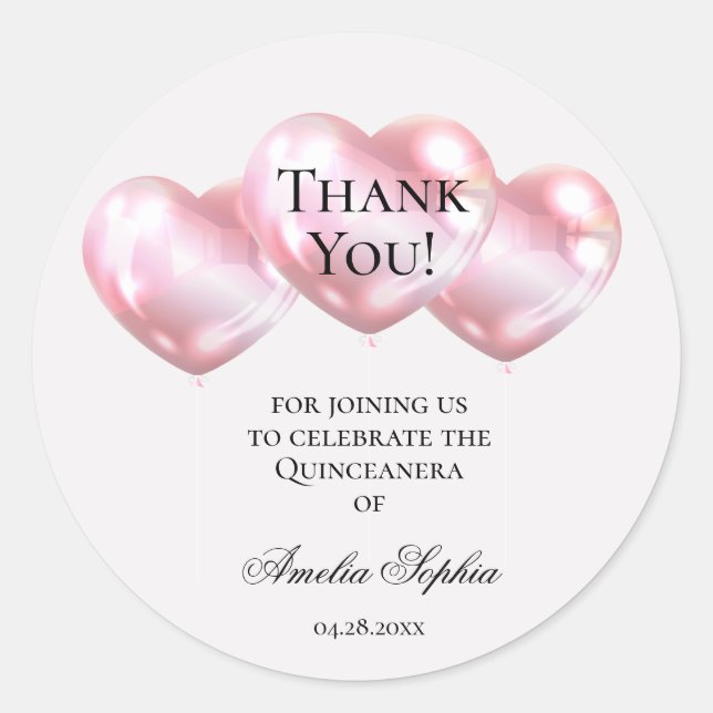 Sticker Rond Balloons roses Quinceañera Anniversaire Merci (Devant)
