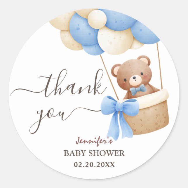 Sticker Rond Ballotte bleu ours en peluche | Baby shower garçon (Devant)