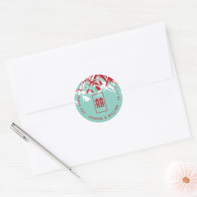 Sticker Rond Bambou Rouge et Turquoise Feuille Zen Asiatique Ma (Enveloppe)
