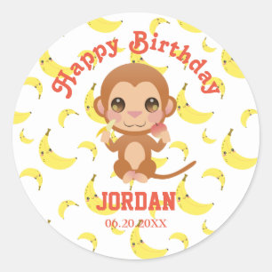 Sticker Rond Banana Baby Monkey Joyeux anniversaire
