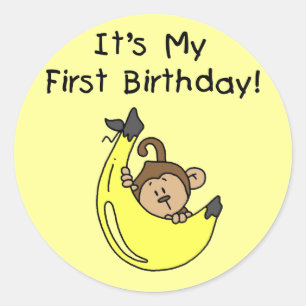 Sticker Rond Banane - Petit Singe 1er Anniversaire