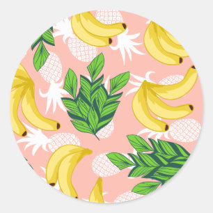 Sticker Rond Bananes et ananas jaunes tropicaux sur rose