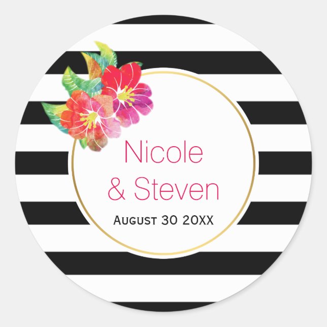 Sticker Rond Bandes blanches noires et fleurs d'aquarelle maria (Devant)