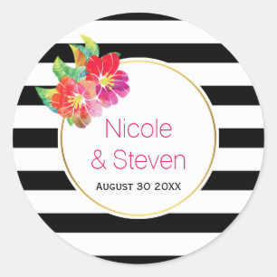 Sticker Rond Bandes blanches noires et fleurs d'aquarelle maria