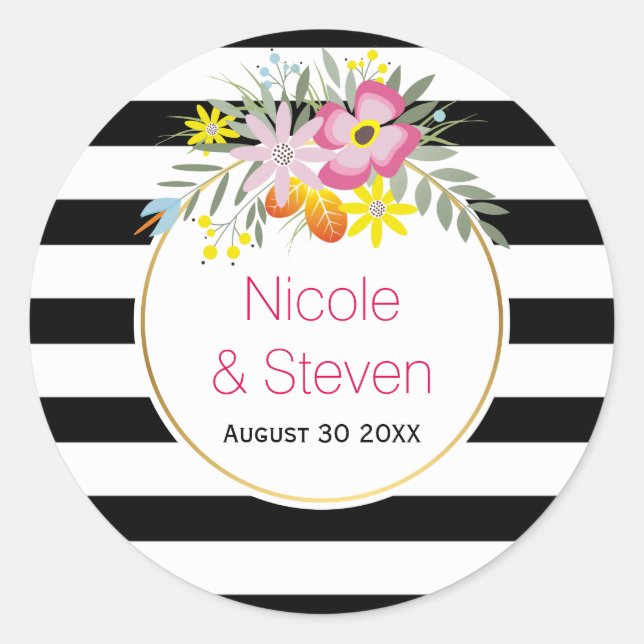 Sticker Rond Bandes blanches noires & fleurs roses mariage mode (Devant)