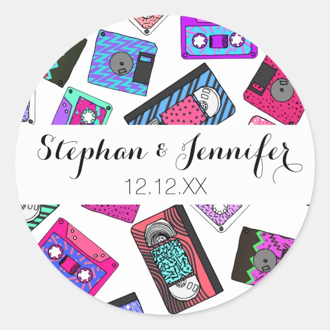 Sticker Rond Bandes de cassettes à motifs néon des années 90 ré (Devant)