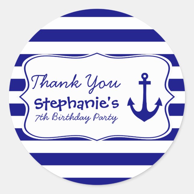 Sticker Rond Bandes de la Marine et Ancre nautique fête d'anniv (Devant)