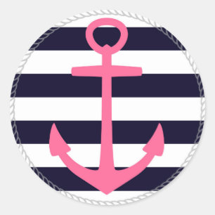 Sticker Rond Bandes nautiques avec ancrage fuchsia