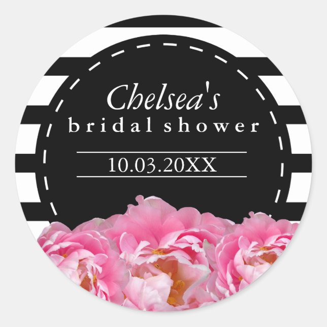 Sticker Rond Bandes noires et blanches avec fleurs roses (Devant)