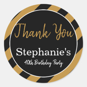 Sticker Rond Bandes noires et or avec fête d'anniversaire blanc