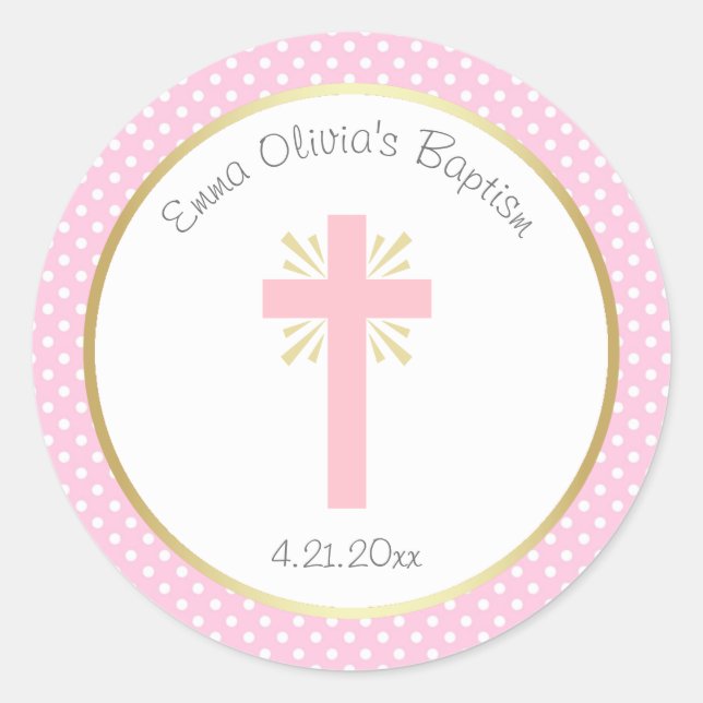Sticker Rond Baptême à points rose Polka avec frontière croisée (Devant)