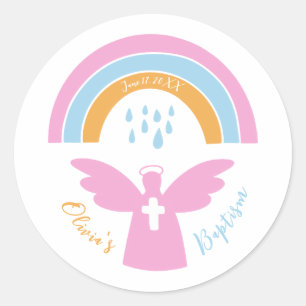 Sticker Rond Baptême Ange Christening et arc-en-ciel