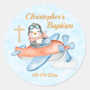 Sticker Rond Baptême Aquarelle Bébé Penguin avion