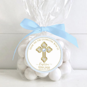 Sticker Rond Baptême Baby Blue Gold Boy