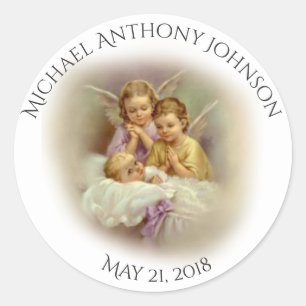 Sticker Rond Baptême Baby Boy or Girl angels prier