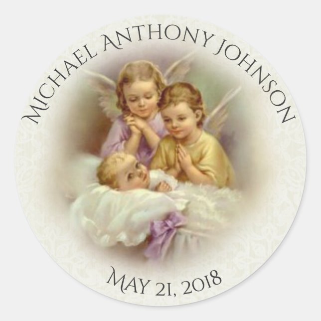 Sticker Rond Baptême Baby Boy ou GIrl anges priant (Devant)