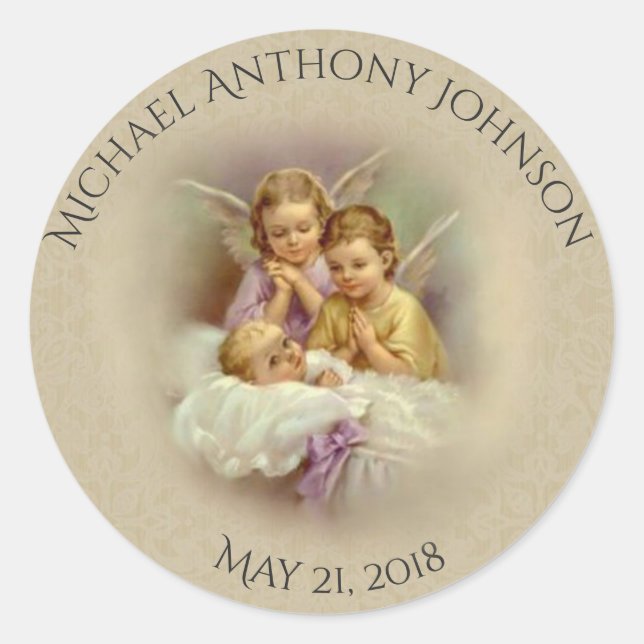 Sticker Rond Baptême Baby Boy ou GIrl anges prier place (Devant)