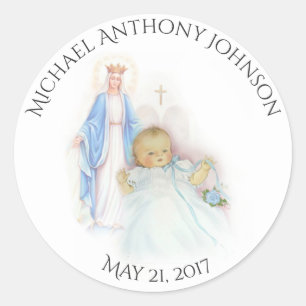 Sticker Rond Baptême Bébé Garçon Fleurs Bleues Mary