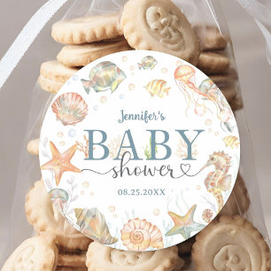 Sticker Rond Baptême bébé garçon ou fille Ocean Baby Shower Thè