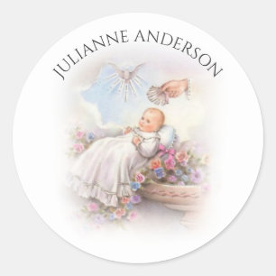 Sticker Rond Baptême Christening Baby Vintage Religieux