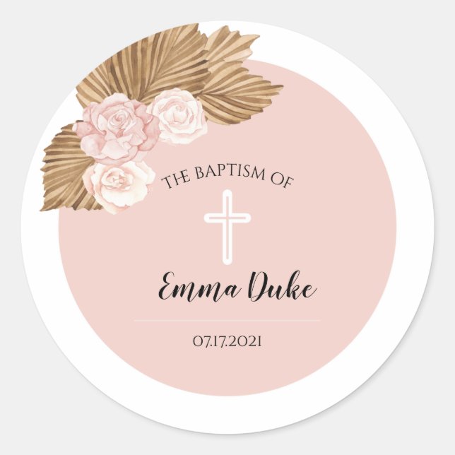 Sticker Rond Baptême Christening Blush Arch Boho Invitation (Devant)