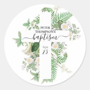 Sticker Rond Baptême Christening Cross Green Genre Neutre