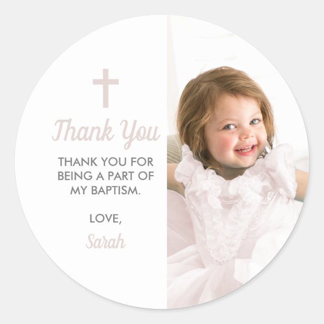 Sticker Rond Baptême Christening Religieux Rose Girl Photo (Devant)