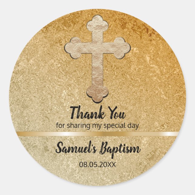 Sticker Rond Baptême de bébé Favoriser | Merci Elegant Gold Cro (Devant)