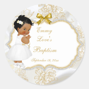 Sticker Rond Baptême de bébé fille afro-américaine croix en or
