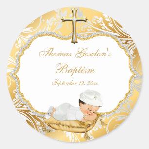 Sticker Rond Baptême de bébé garçon croix en or