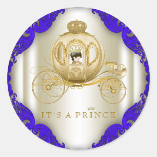 Sticker Rond Baptême de bébé prince au bleu royal et or