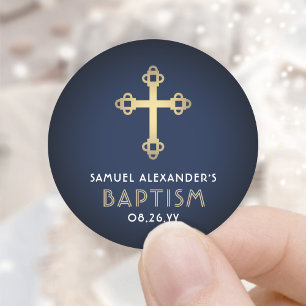 Sticker Rond Baptême de garçon Elegme Cross Navy Bleu Blanc e