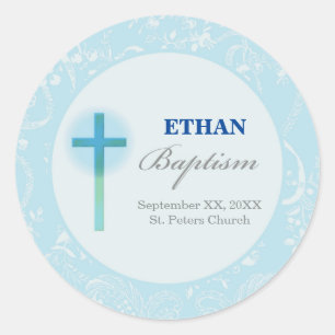 Sticker Rond Baptême de garçon en dentelle bleue