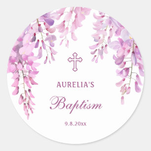 Sticker Rond Baptême de Wisteria rose