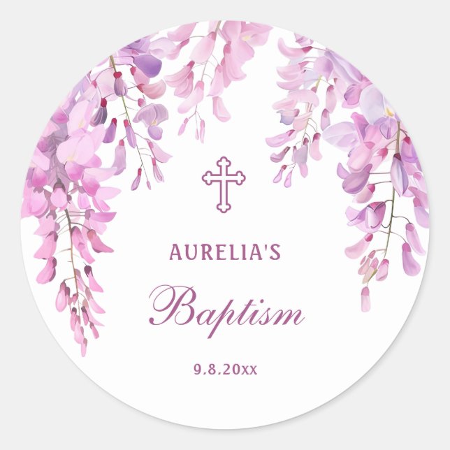 Sticker Rond Baptême de Wisteria rose (Devant)
