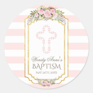 Sticker Rond Baptême d'or floral rose rayures