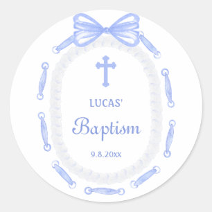 Sticker Rond Baptême du cadre de ruban bleu