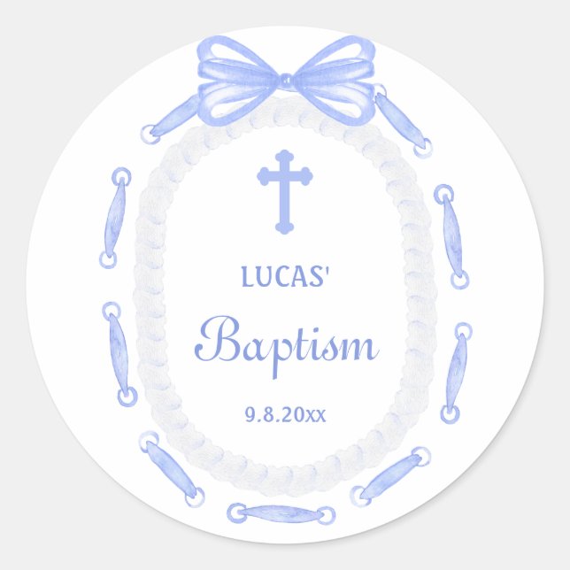 Sticker Rond Baptême du cadre de ruban bleu (Devant)