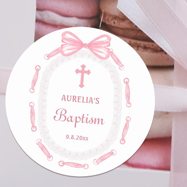 Sticker Rond Baptême du cadre de ruban rose (Créateur téléchargé)