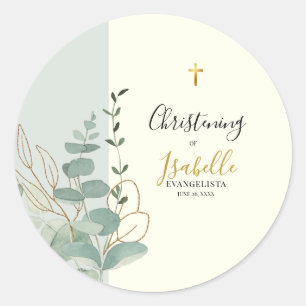 Sticker Rond Baptême élégant vert sauge or eucalyptus