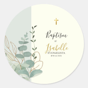 Sticker Rond Baptême élégant vert sauge or eucalyptus