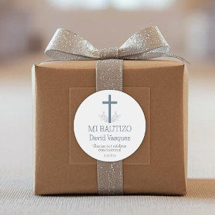 Sticker Rond Baptême en espagnol Simple Bautizo Croix et Feuill