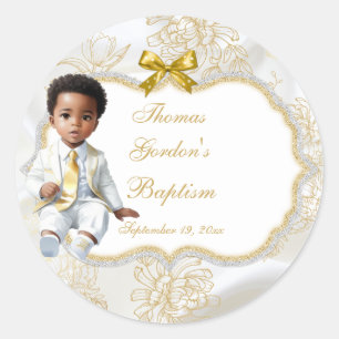 Sticker Rond Baptême ethnique garçon Communion Blanc & Or